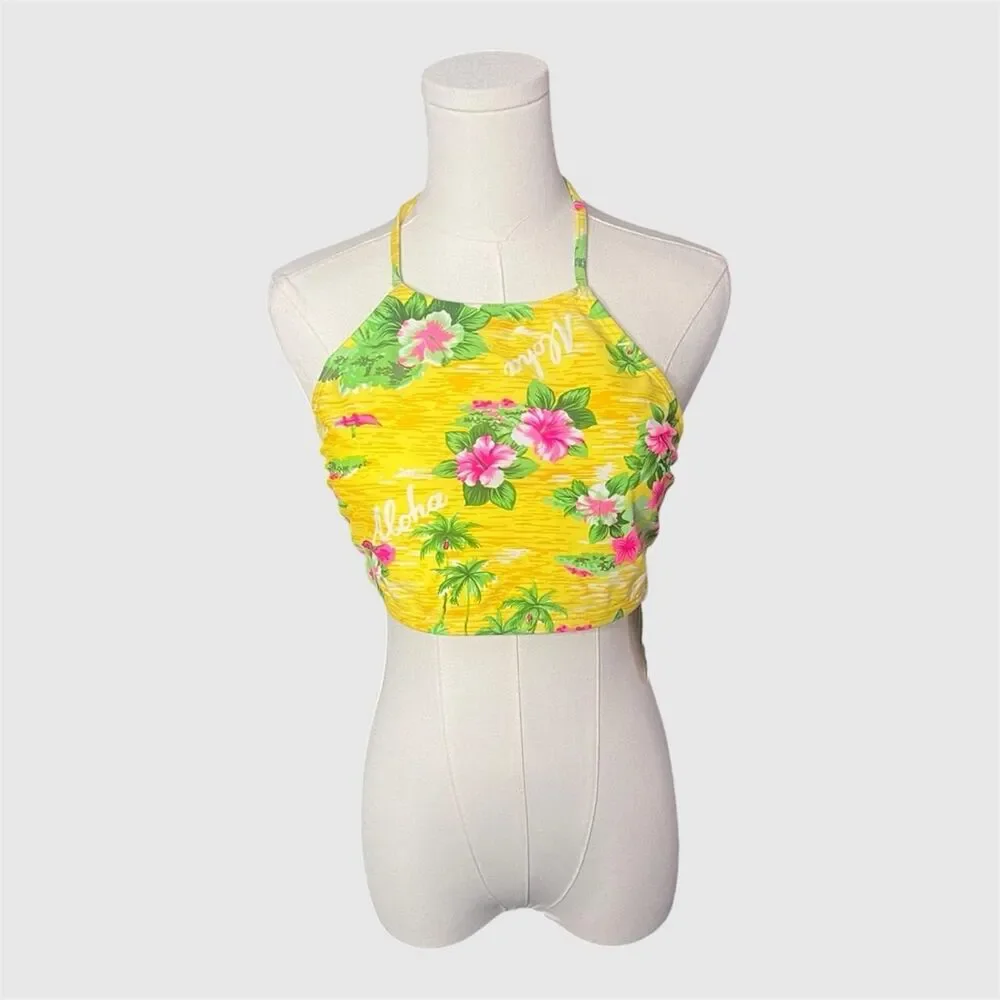 Y2K No Boundaries Yellow Aloha Halter Tankini Swim Top